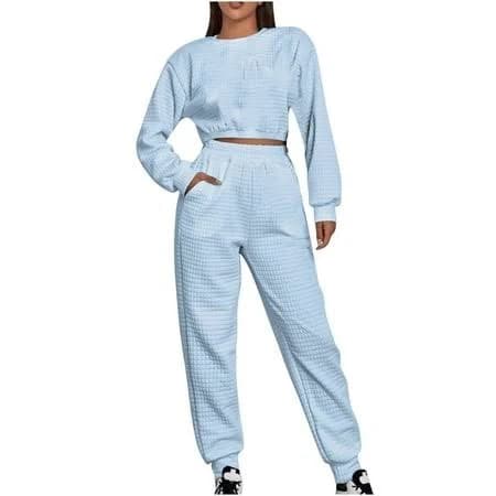 Jewelreauty 2 Piece Outfit for Women Fall Sweatsuits Waffle Knit Crop Sweatshirt and Jogger Pant Sets Pockets Casual Sportswear (M, Sky Blue), Women's