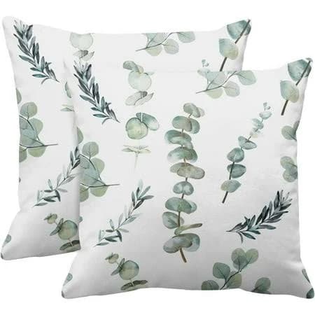 Set of 2 Throw Pillow Covers Decorative Green Leaf Watercolor Eucalyptus Branches Hand Floral with Plant Objects White Natural Greenery Twig Cushion
