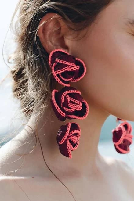 Zara Wine Red Floral Fabric Drop Earrings Triple Flower Statement