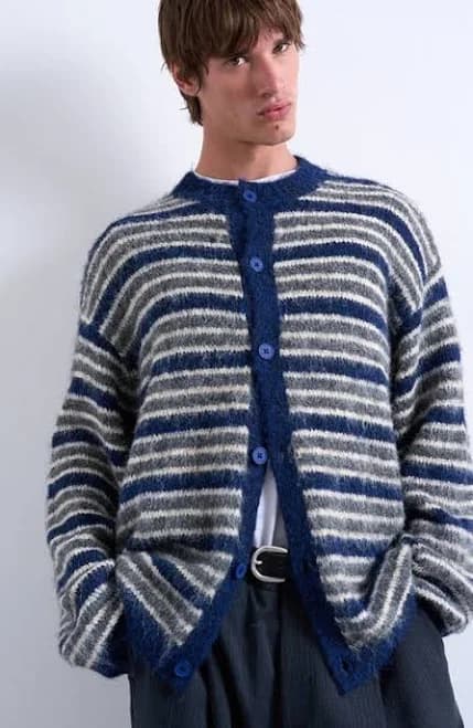 Topman Fluffy Striped Crewneck Cardigan