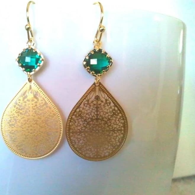 Filigree Teardrop Emerald Earrings in Green Gold