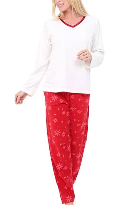 Women's Plush Fleece Pajamas Set V Neck Winter PJ Set
