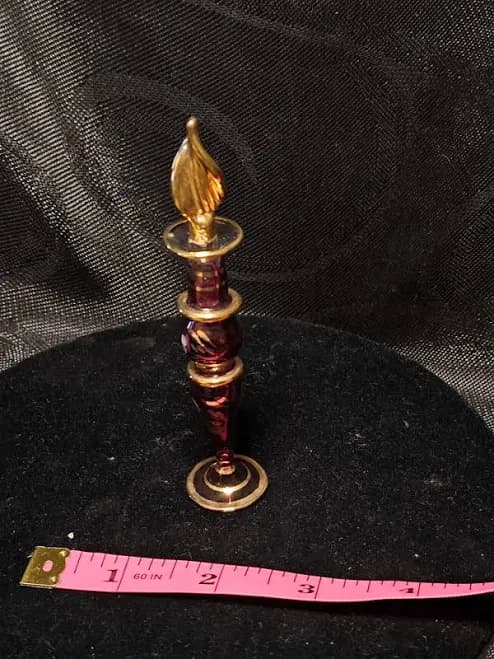 SM Thin red perfume bottle, glass with gold accents, 4.5 inches tall