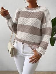 SHEIN PETITE Fashion Contrast Color Loose Fit Crew Neck Sweater, Casual All-Match Style For Autumn And Winter,Long Sleeve Tops | SHEIN