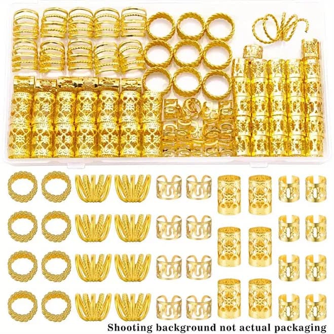 Gold hair cuffs, Braid charms, 110pcs Golden Hair Jewelry for Braids & Dreadlocks - Bohemian Metal Rings, Cuffs, Locs, Clips Suitable for' Dreadlock,