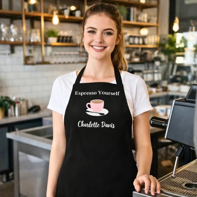Barista black white cup coffee name quote apron