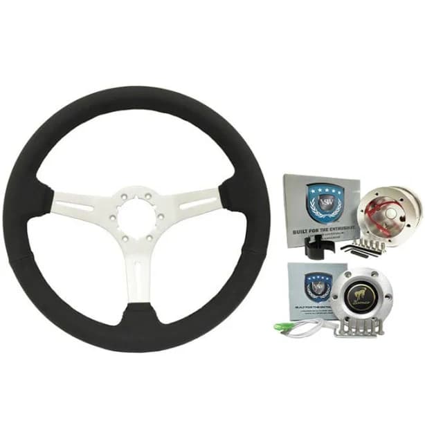 VSW Steering Wheel Kit Bronco 75-77 14” Black Leather w/ Brushed HB/ Bronco Logo