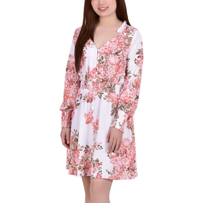 NY Collection Women's Long Sleeve V-Neck Smocked Cuff Dress