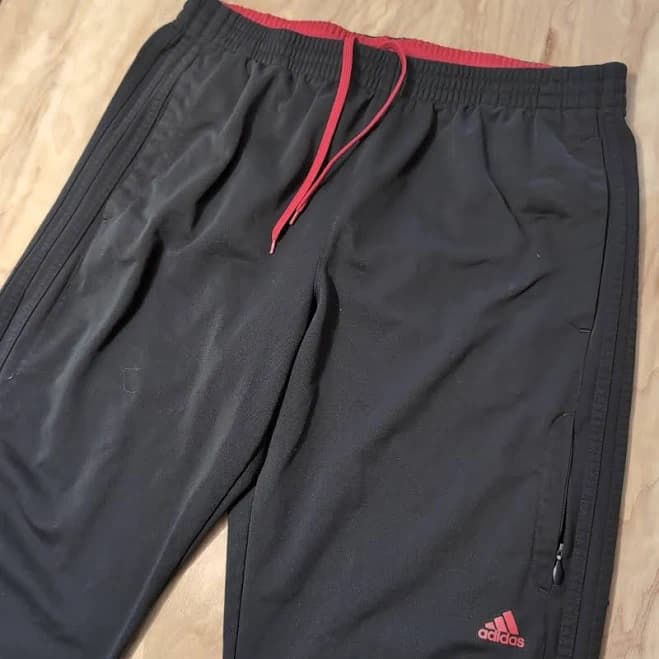 Men Black And Red Adidas Track Pants Wide Leg Relaxed Fit Zip Pockets